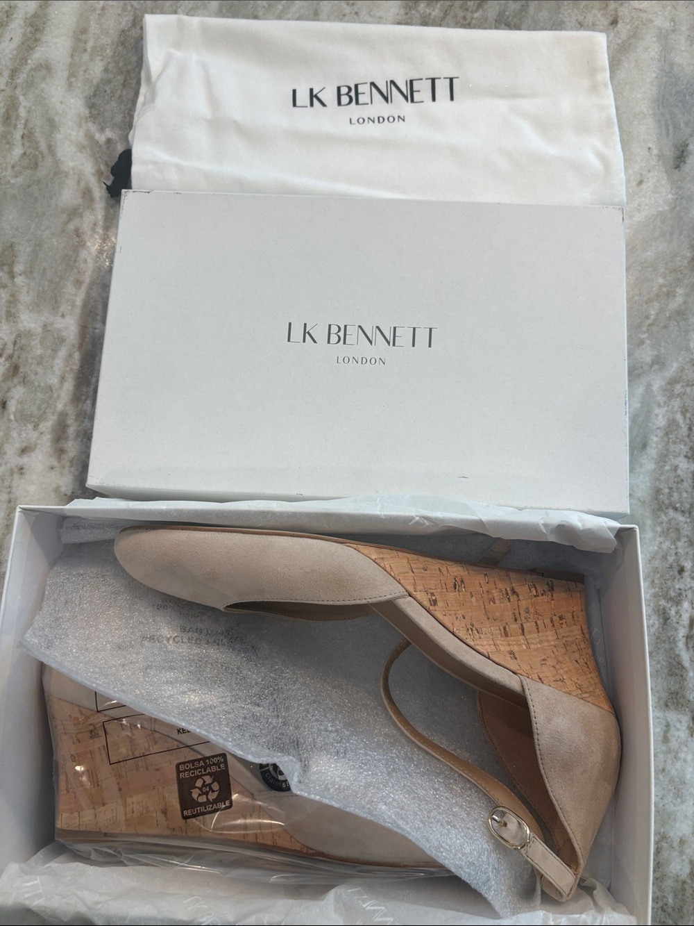 LK Bennett Beige Nude Suede Ankle-Strap Cork Wedges